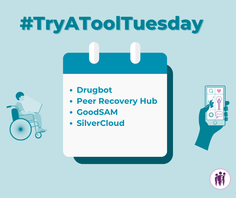 Decorative - blue themed graphic showing a notepad with a list of the tools , a male wheelchair using on a laptop and a hand holding a phone