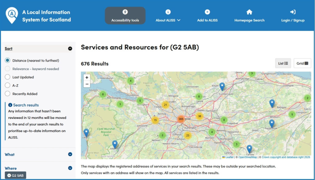 Screenshot of the ALISS website showing a map with services and resoruces for G2 5AB. 