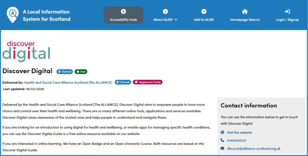 Screenshot of the Discover Digital listing on ALISS that shows the new badges for free services (green) and registered charities (pink).