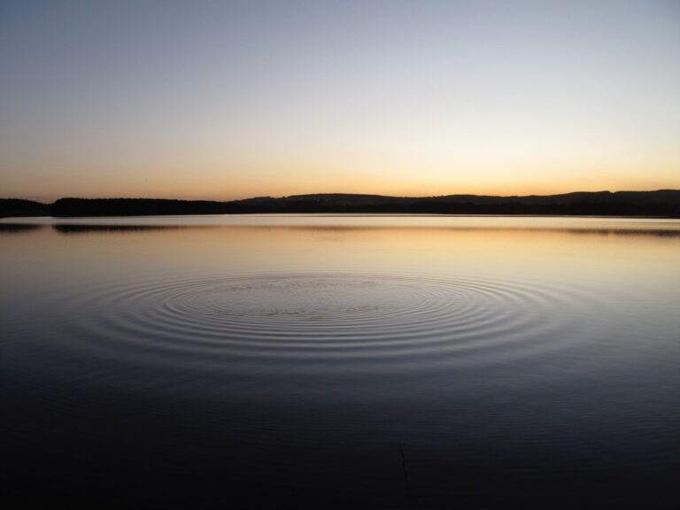 Photo by Phil Sizer, of a calm lake with a large ripple in the middle.