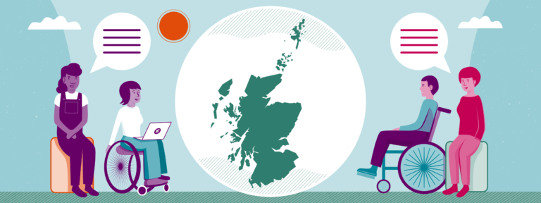 Illustration showing four people, two using wheelchairs, engaged in conversation. A map of Scotland is centered between them.