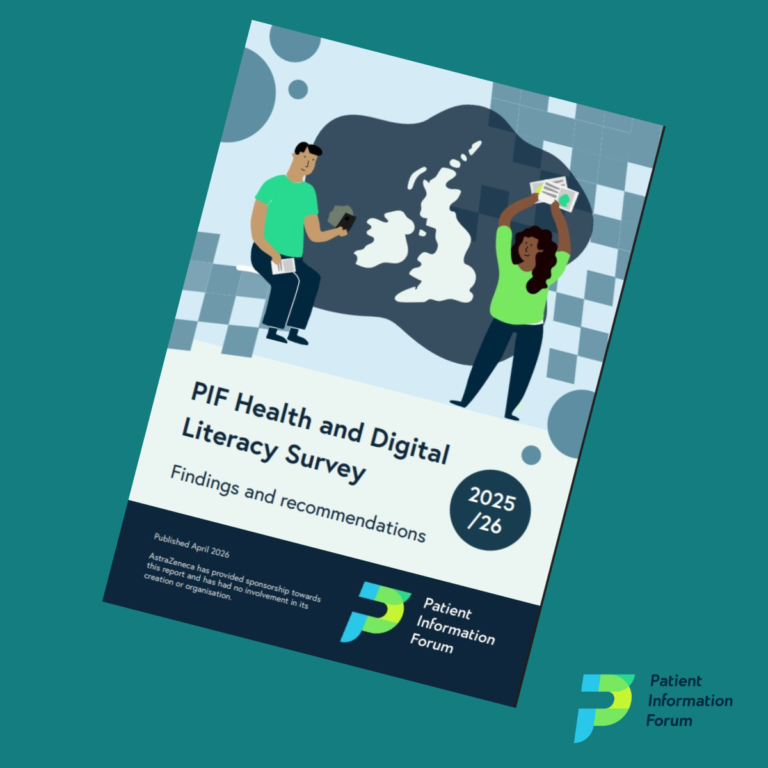 A blue background with the PIF logo in the bottom right. In the centre is a screenshot of the front cover of the PIF Health and Digital Literacy Survey report.