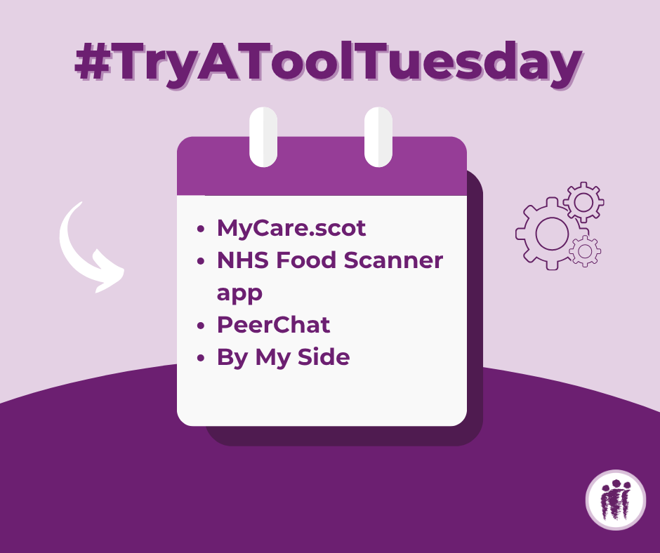 "#TryAToolTuesday, MyCare.scot, NHS Food Scanner app, PeerChat and By My Side". June - "#TryAToolTuesday, Sleepio, AVA, NHS Quit Smoking, and R U OK?"