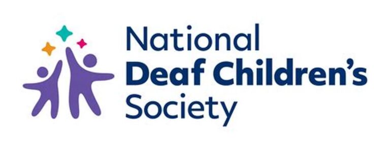 Image show the words National Deaf Children's Society next to two purple people reaching for the stars
