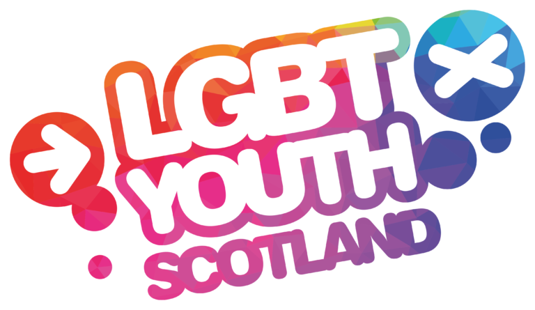 the words 'LGBT Youth Scotland' written in colourful bubble writing and two circles, one with an x and one with an arrow.