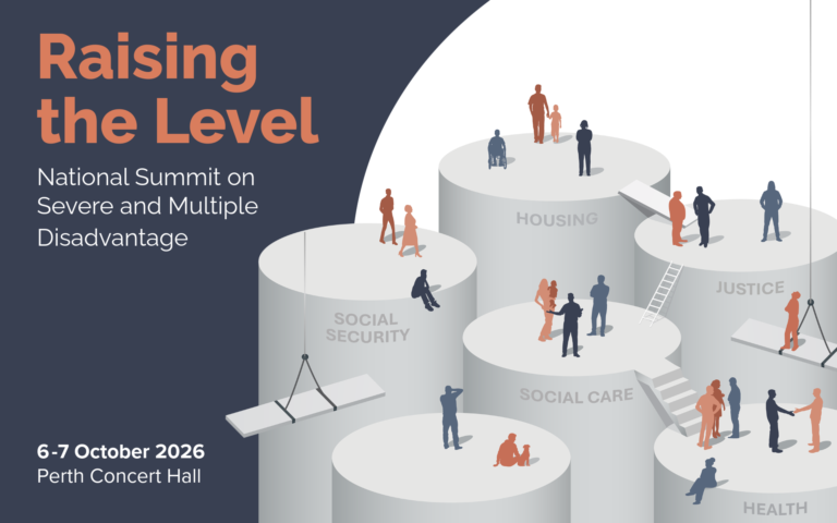 A graphic illustration showing people on different pillars labelled health, social care, housing, social security and justice.