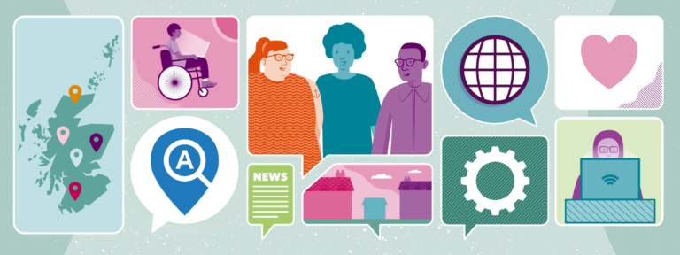Collage of icons and illustrations representing accessibility, communication, and technology, including a map of Scotland with location markers, a person in a wheelchair, a heart, a cog, and a person using a laptop.