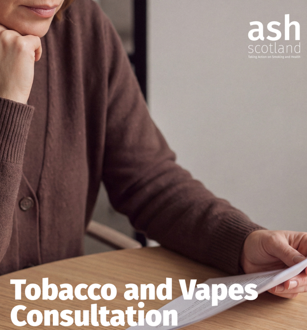 A woman in a brown cardigan sitting at a table reads a document. The words "Tobacco and Vapes consultation" in white, with the subtext "Template available" in blue below it.